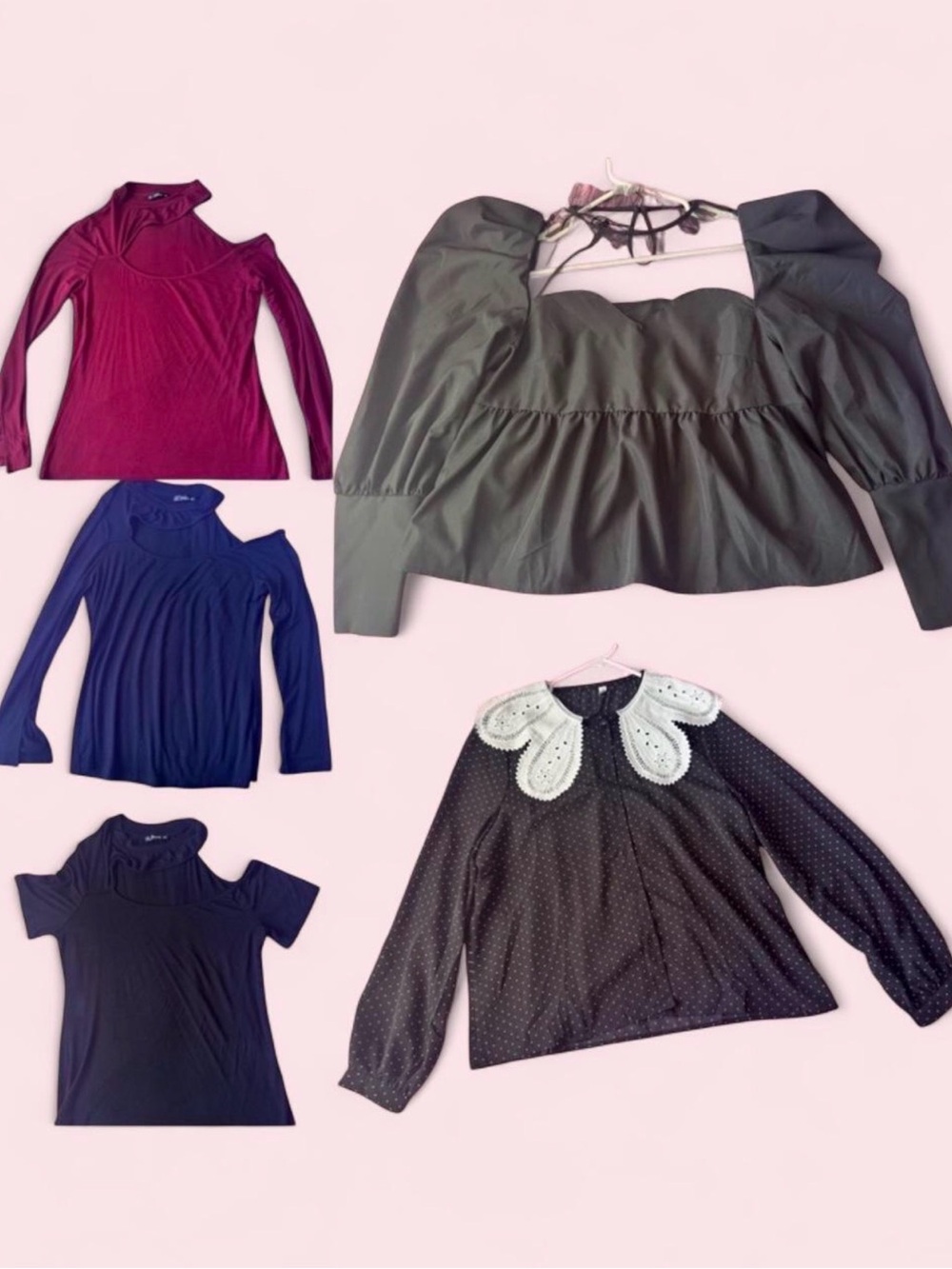 SHEIN Bundele of 5 red, Black tops. Puff Sleeve Peplum, L- Polka Dot Blouse,USED